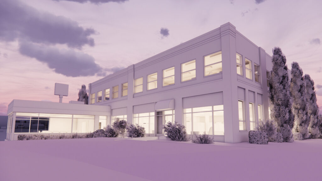 White model rendering of a 19th-century warehouse office renovation in downtown Bangor, Maine