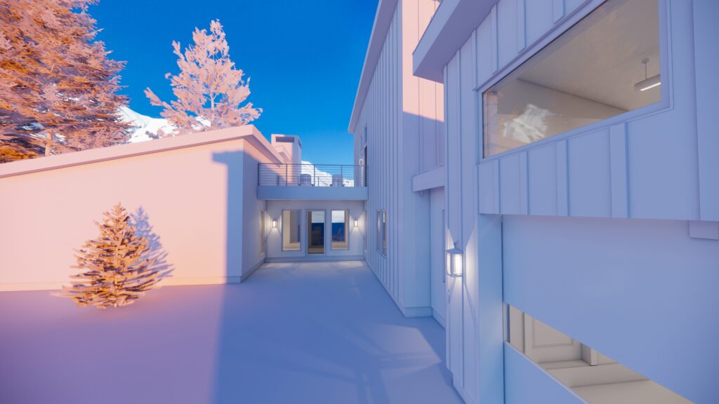 White model rendering of a ski-in mountain home in Carrabassett Valley, Maine